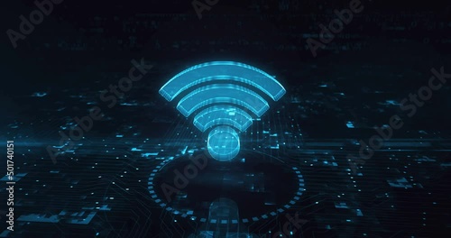 Wifi mobile communication and wireless network technology hologram symbol appears on a digital background. Cyber and computer abstract concept 3d animation. photo