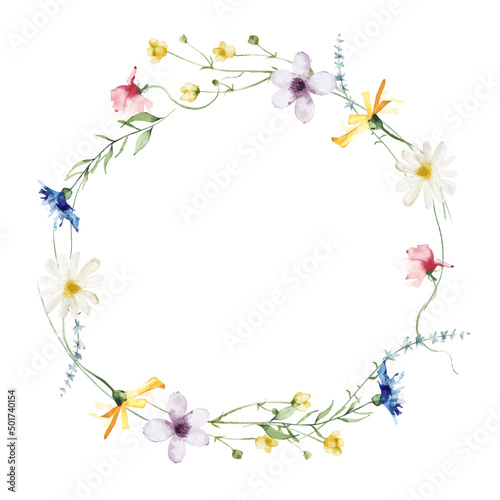 Watercolor painted floral wreath on white background. Yellow, blue, white and pink wild flowers. Vector illustration.