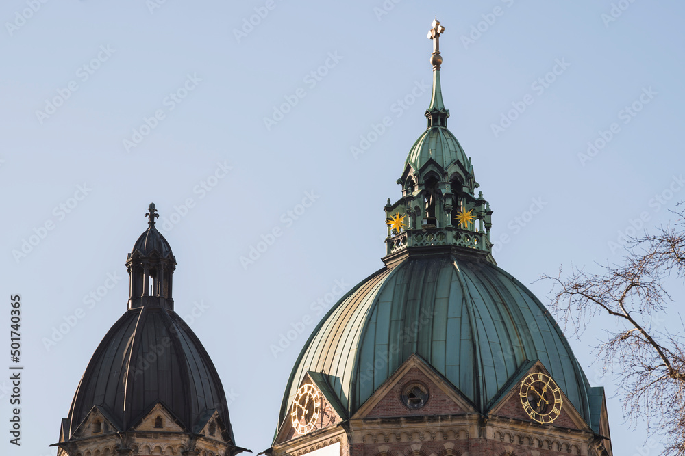 Munich,Germany, April 27,2022: St. Luke's Church is the largest Protestant church in Munich, southern Germany. Munich,Germany, April 27,2022: St. Luke's Church is the largest Protestant church in Munich, southern Germany.