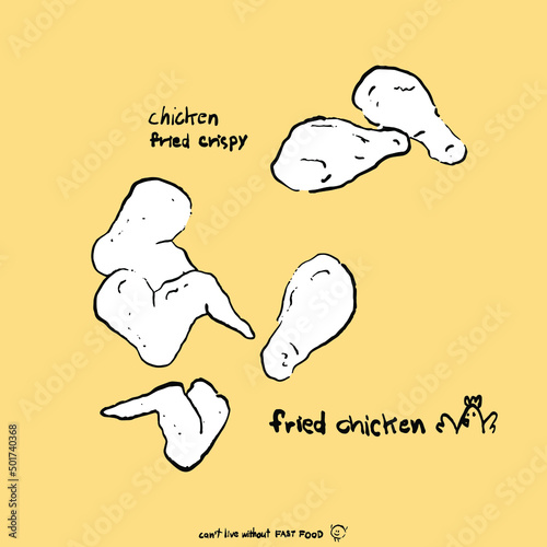 frenfried chicken in sketch brush style. Isolated on yellow background. Hand drawn vector illustration fast food. icon fried chicken
