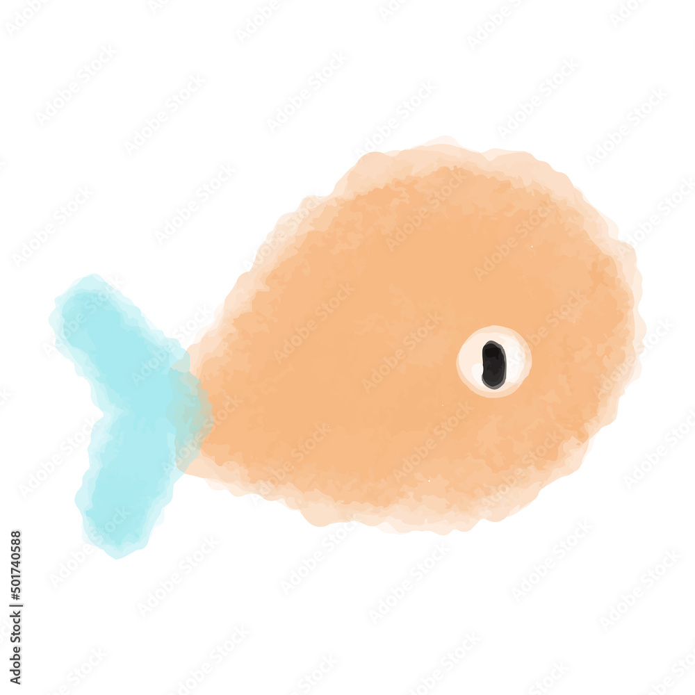 Fototapeta premium Vector A whale painted in orange watercolor with a blue tail. Abstract illustration of the underwater world hand drawn.