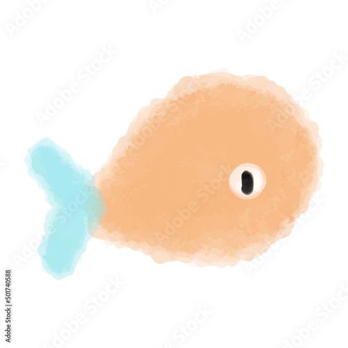 Vector A whale painted in orange watercolor with a blue tail. Abstract illustration of the underwater world hand drawn.