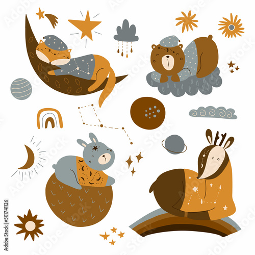 Vector set with cute sleeping animals, textures and space objects in warm colors. Illustration for decorating nursery and textiles