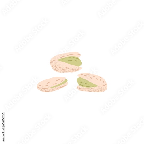 Green salted pistachio nuts with open cracked nutshell. Salty pistache fruits, kernels in shells. Vegan food. Healthy nutrient, snack. Flat vector illustration isolated on white background