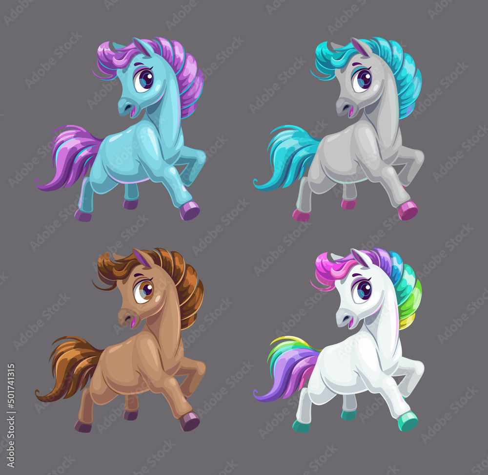 Little cute cartoon horse icons, fairy pony set.