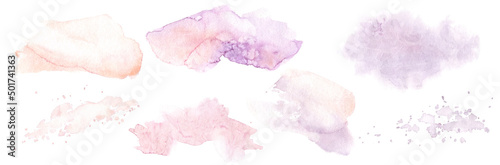 Watercolor set of abstract pink and violet colourful stains. Splashing hand drawn vector traced painting