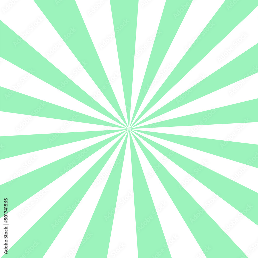 White background with green sun rays. Abstract summer sun shine. Flat vector illustration