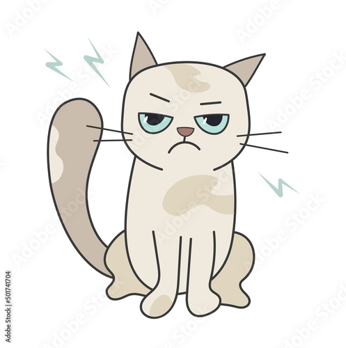 Unhappy sad cat. Funny displeased angry gray cat. Cat in flat style. Pet gray color vector illustration isolated for design. Doodle style.