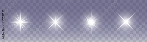 Set of glowing light stars on a transparent background. Transparent shining sun  star explodes and bright flash. White bright illustration starburst. 