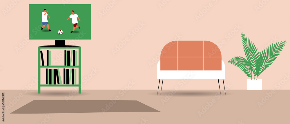 Broadcast football on TV screen for overlapping, flat vector stock illustration with living room interior, no people Broadcast football on TV screen for overlapping, flat vector stock illustration with living room interior, no people