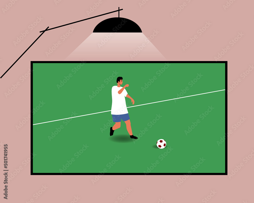 Fototapeta premium Football broadcast on TV screen, flat vector stock illustration with live broadcast of sports match with football player on green field
