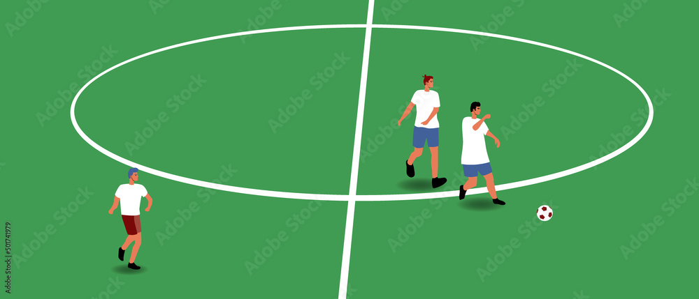 Fototapeta premium Football on green field, flat vector stock illustration with football players, sports people in stadium