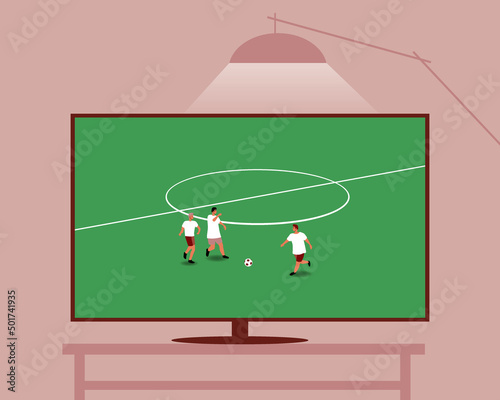 Football broadcast on TV screen, flat vector stock illustration with live broadcast of sports match with football players on field