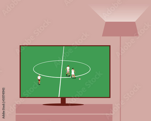 Broadcast football on TV screen, flat vector stock illustration with live broadcast of sports match and indoor interior