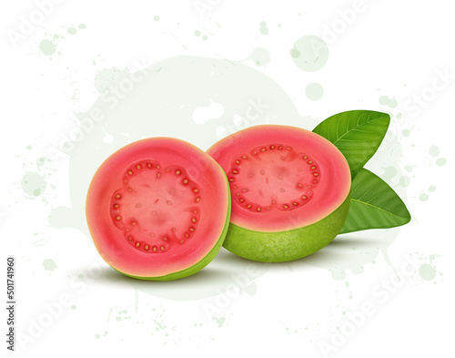 Half piece of PInk Guava vector illustration with guava leaves 