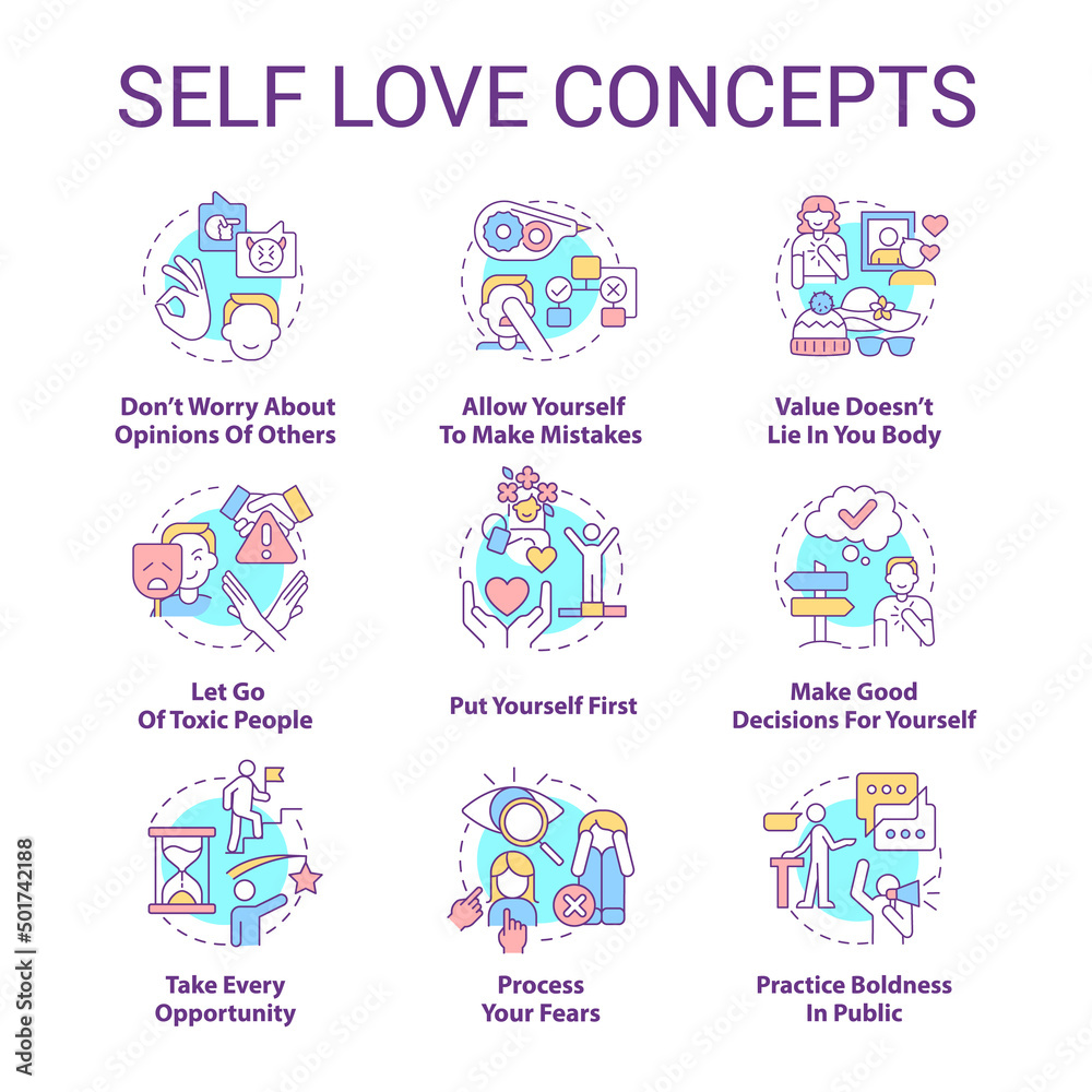 Self love concept icons set. Care about personal mental wellness idea thin line color illustrations. Leaving toxic people. Isolated symbols. Editable stroke. Roboto-Medium, Myriad Pro-Bold fonts used Self love concept icons set. Care about personal mental wellness idea thin line color illustrations. Leaving toxic people. Isolated symbols. Editable stroke. Roboto-Medium, Myriad Pro-Bold fonts used