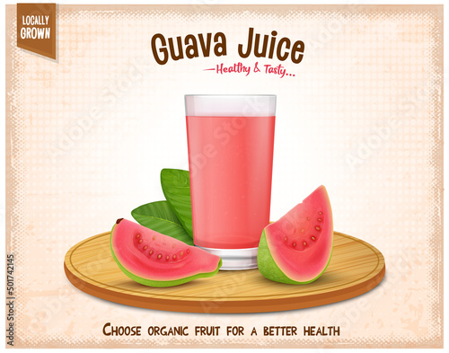 Pink Guava Juice vector illustration with Guava juice glass on round chopping board