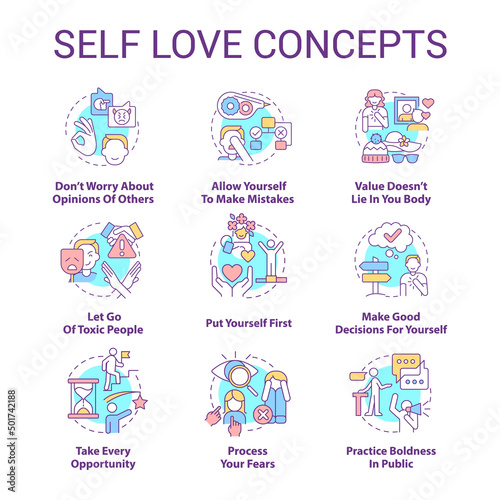 Self love concept icons set. Care about personal mental wellness idea thin line color illustrations. Leaving toxic people. Isolated symbols. Editable stroke. Roboto-Medium, Myriad Pro-Bold fonts used