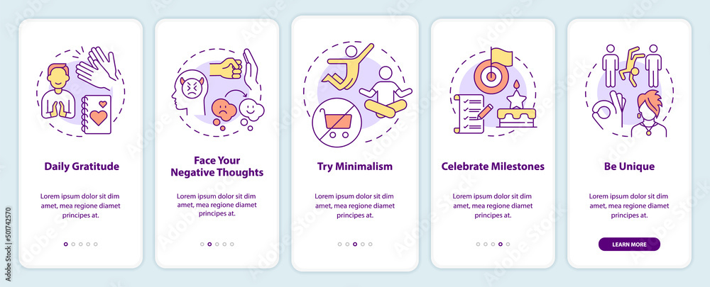 Exercises for self love onboarding mobile app screen. Daily gratitude walkthrough 5 steps graphic instructions pages with linear concepts. UI, UX, GUI template. Myriad Pro-Bold, Regular fonts used