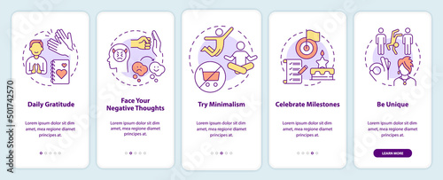 Exercises for self love onboarding mobile app screen. Daily gratitude walkthrough 5 steps graphic instructions pages with linear concepts. UI, UX, GUI template. Myriad Pro-Bold, Regular fonts used