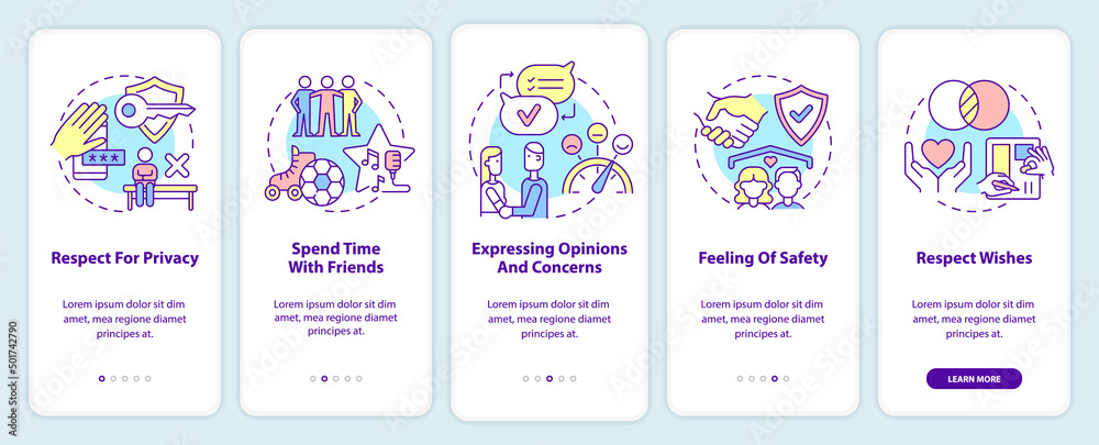 Image of healthy relationships onboarding mobile app screen. Respect walkthrough 5 steps graphic instructions pages with linear concepts. UI, UX, GUI template. Myriad Pro-Bold, Regular fonts used