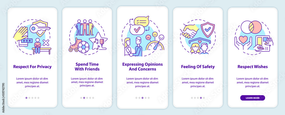 Image of healthy relationships onboarding mobile app screen. Respect walkthrough 5 steps graphic instructions pages with linear concepts. UI, UX, GUI template. Myriad Pro-Bold, Regular fonts used Image of healthy relationships onboarding mobile app screen. Respect walkthrough 5 steps graphic instructions pages with linear concepts. UI, UX, GUI template. Myriad Pro-Bold, Regular fonts used