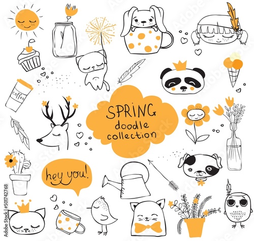 Simple design of cute boho animals, birds, flowers and other design elements perfect for kid's card, banners, stickers and other kid's things.