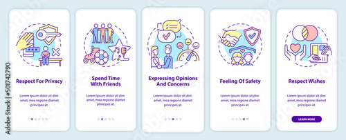 Image of healthy relationships onboarding mobile app screen. Respect walkthrough 5 steps graphic instructions pages with linear concepts. UI, UX, GUI template. Myriad Pro-Bold, Regular fonts used