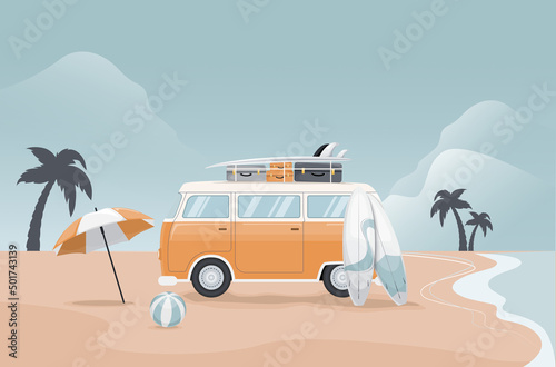 Summer bus with surfboard and baggage on tropical beach with palm trees and sea. Illustration in flat design