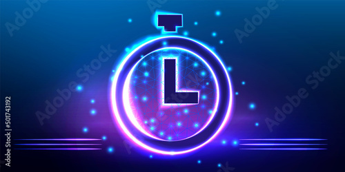 Stopwatch. Colorful polygonal stopwatch icon with glowing stars and outline on dark blue background. Polygonal icon for business. Triangle stopwatch. Isolated vector ilustration
