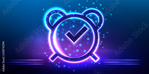 Alarm clock. Colorful polygonal alarm clock icon with glowing stars and outline on dark blue background. Outline icon design. Vector illustration