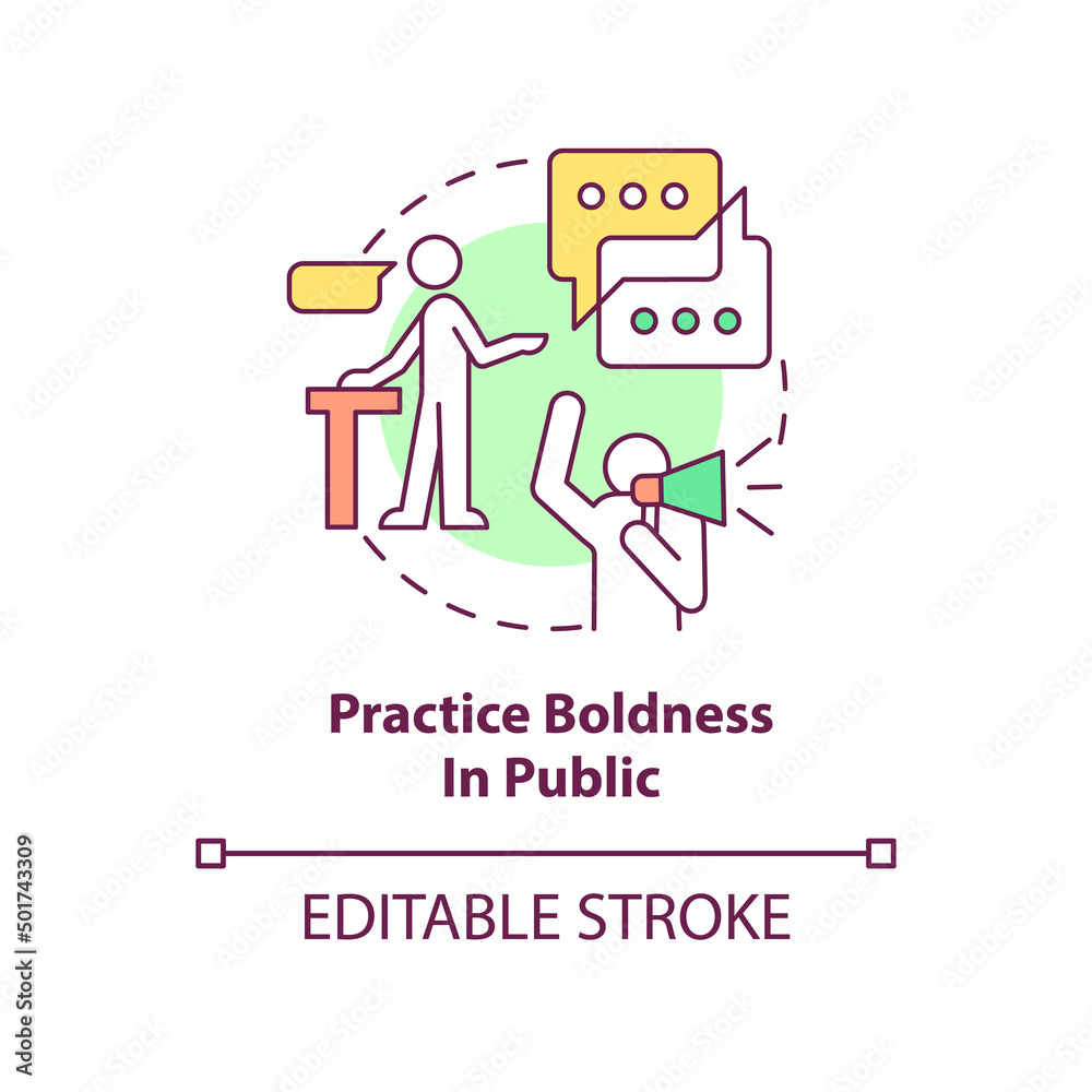 Practice boldness in public concept icon. Boosting mental health and wellbeing abstract idea thin line illustration. Isolated outline drawing. Editable stroke. Arial, Myriad Pro-Bold fonts used