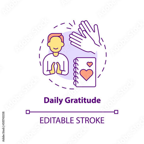 Daily gratitude concept icon. Exercise for self love abstract idea thin line illustration. Maintaining self-care routine. Isolated outline drawing. Editable stroke. Arial, Myriad Pro-Bold fonts used
