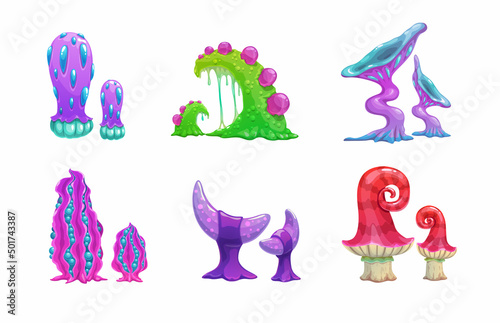 Cartoon alien plants set. Fantasy mushrooms icons