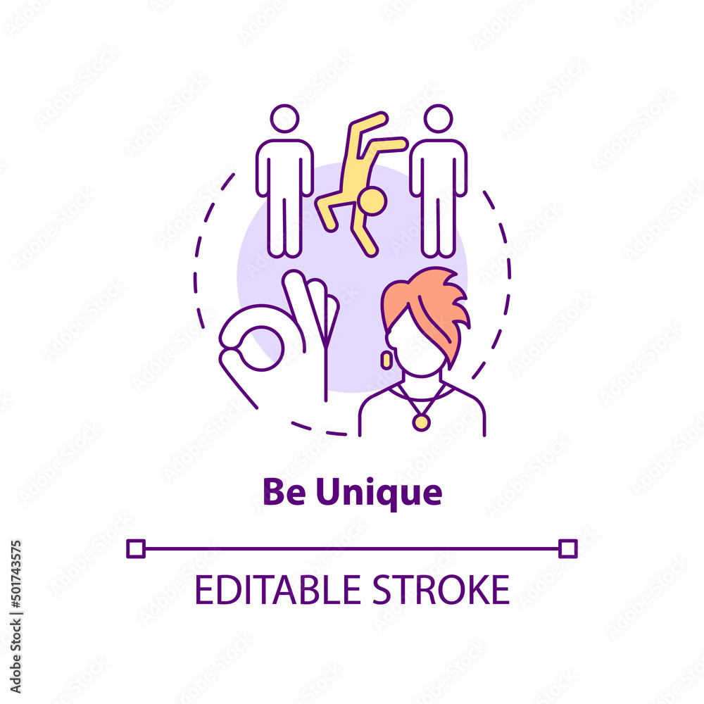 Be unique concept icon. Exercise for self appreciation abstract idea thin line illustration. Be irreplaceable, different. Isolated outline drawing. Editable stroke. Arial, Myriad Pro-Bold fonts used