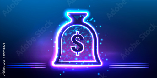 Money bag with dollar icon. Cash, interest rate, business and finance, return on investment, financial solution, prepayment and down payment concept. Polygonal icon for business. Vector ilustration photo