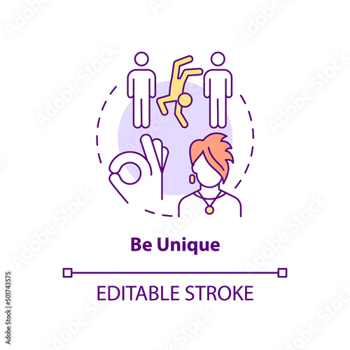 Be unique concept icon. Exercise for self appreciation abstract idea thin line illustration. Be irreplaceable, different. Isolated outline drawing. Editable stroke. Arial, Myriad Pro-Bold fonts used