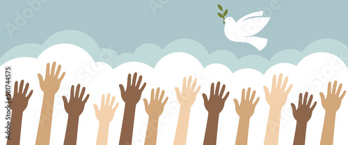 Group of hands and a dove of peace. Horizontal poster. Vector illustration.