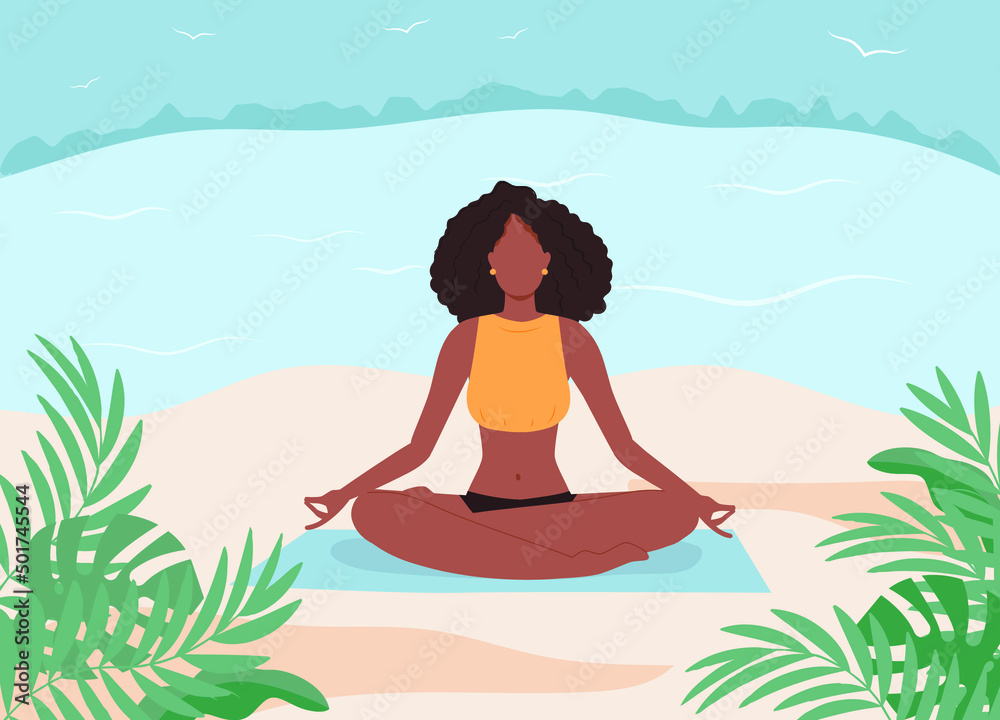 African American woman meditating in nature, meditation on the beach. Healthy lifestyle, open air workout, yoga class. Vector illustration