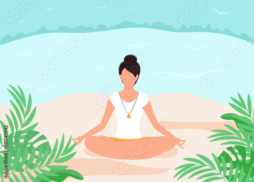 Woman meditating in nature, meditation on the beach. Healthy lifestyle, open air workout, yoga class. Vector illustration