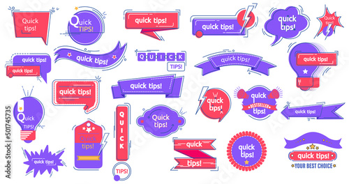 Quick tips icon set, information banner design. Helpful tricks speech bubbles. Graphic stickers ideas reminders quickly thinks solutions learning logos. Announcement with info