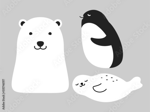 海の動物イラストセット （シロクマ・ペンギン・アザラシ）