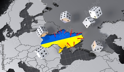 Russia, Belarus and Ukraine invasion/ war map, dice - 3D illustration photo