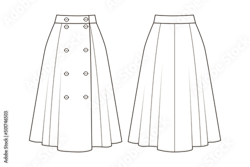 Fashion technical drawing of flared double-breasted midi skirt.