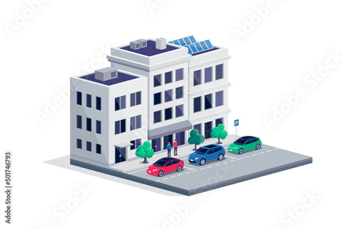 Modern cars parked on town city street centre road near office residential buildings. Persons standing talking near vehicles on sidewalk. Isolated vector illustration on white background.