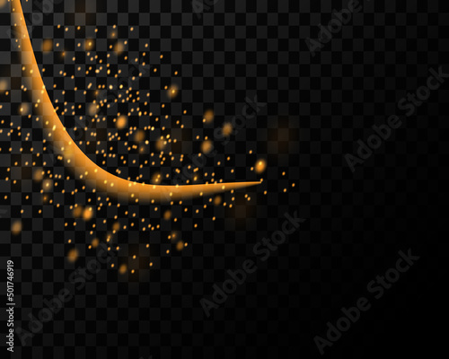 Abstract golden lines, beautiful waves, glitter and dust effect, bright flashes on a transparent background