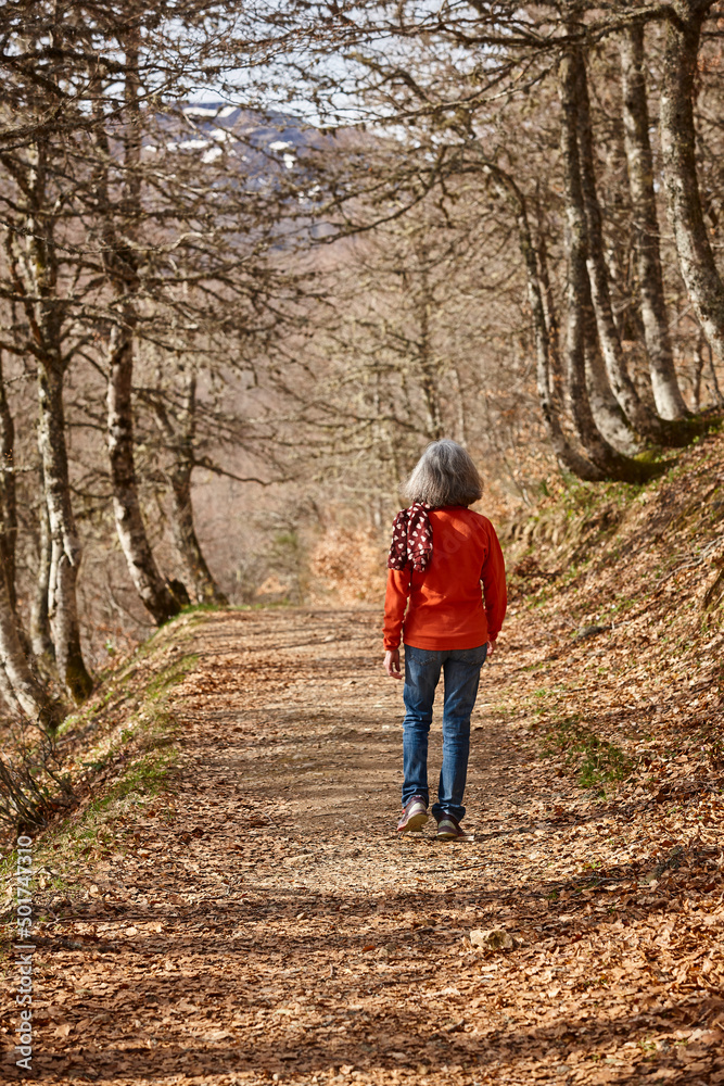 Woman walking in the woods. Healthy lifestyle. Natural environment