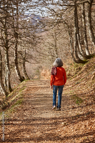 Woman walking in the woods. Healthy lifestyle. Natural environment