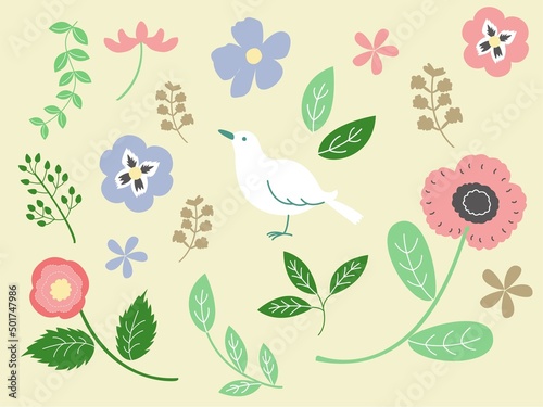 ボタニカルな植物と小鳥のイラスト