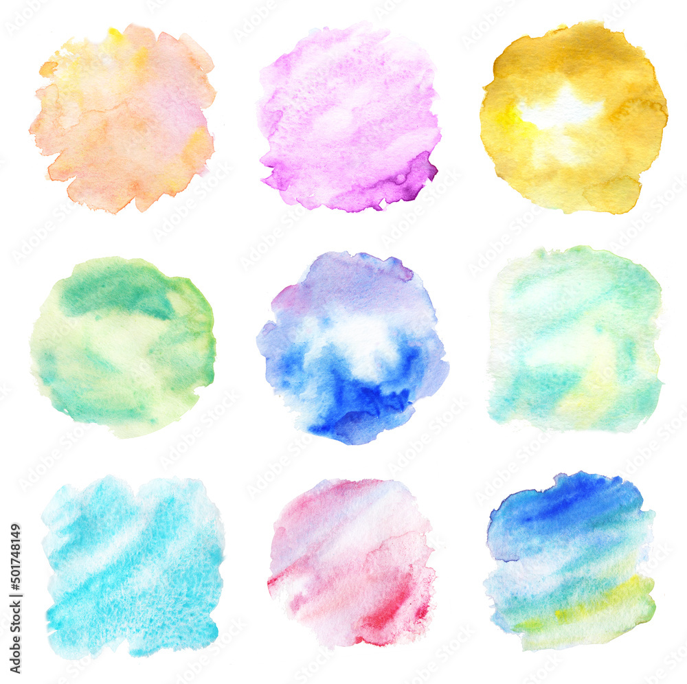 Set of color watercolor stains isolated on white, hand drawn.